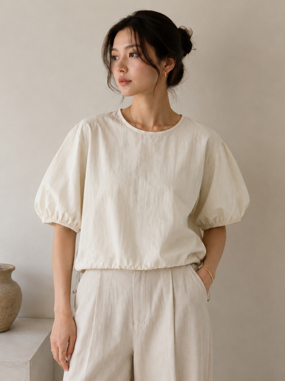 OAK + FORT Minimalist Oversized Puff Sleeve Blouse Top Cream M